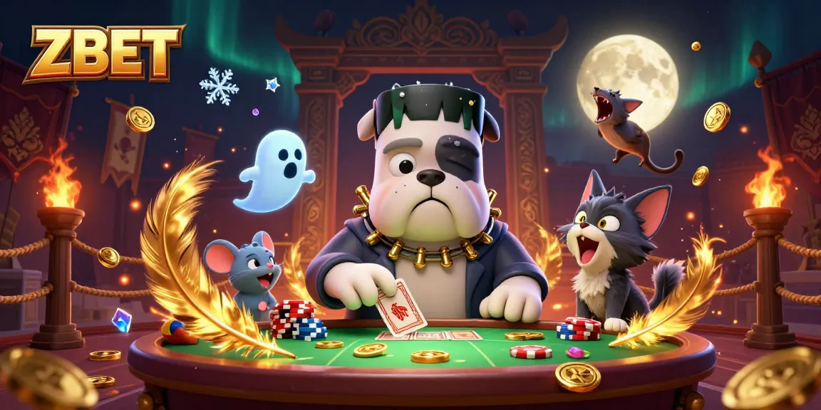 ZBET showcases an exciting casino scene with a Frankenstein bulldog dealer and fun characters at a spooky table.