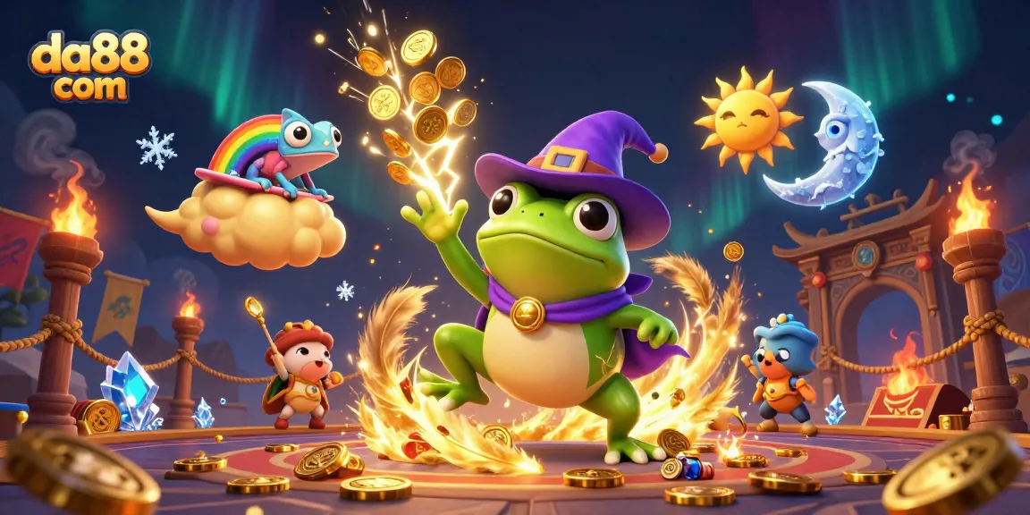 Bet big with da88 com, as a wizard frog conjures coins in a vibrant casino storm.