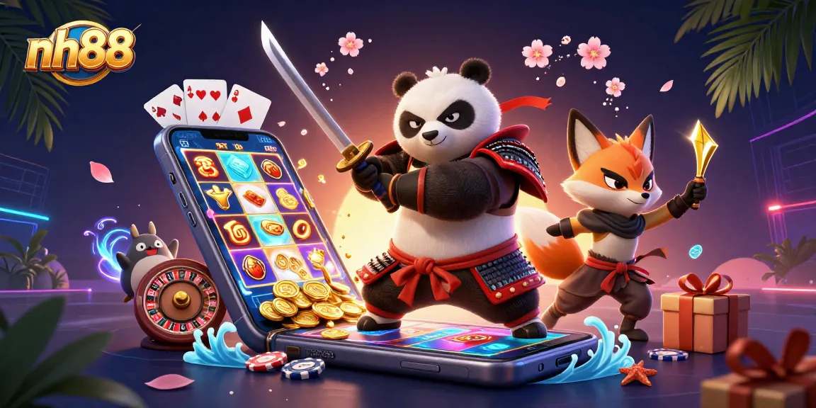 Engage with exciting games at NH88, featuring a dynamic scene of a samurai panda and a ninja fox amidst floating coins and colorful slot elements.