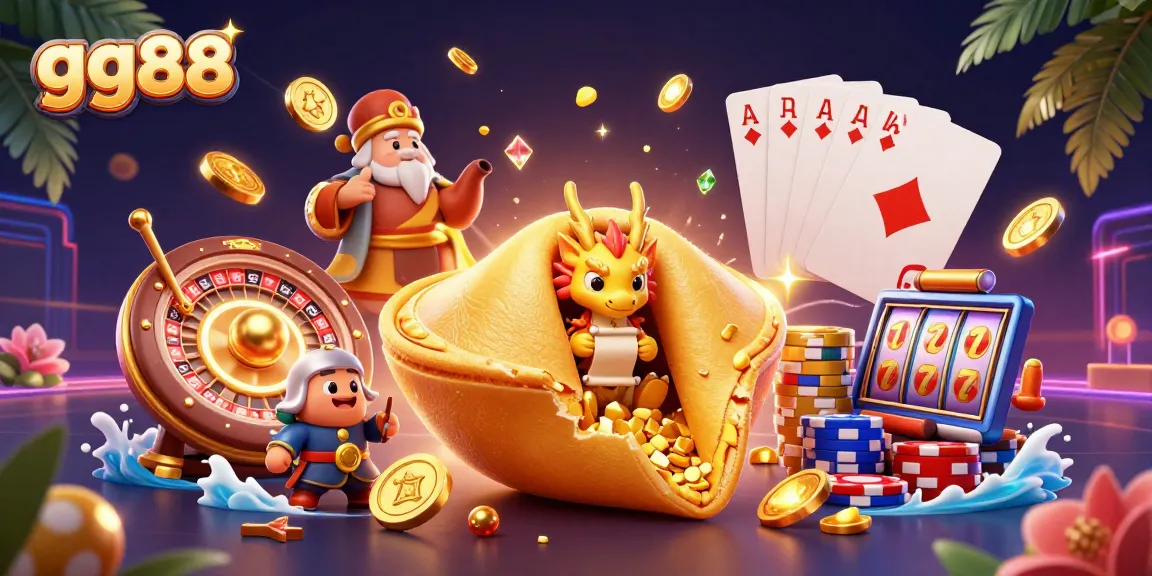 Engage in thrilling gameplay at gg88, featuring a 3D cartoon fortune cookie and lucky casino elements.
