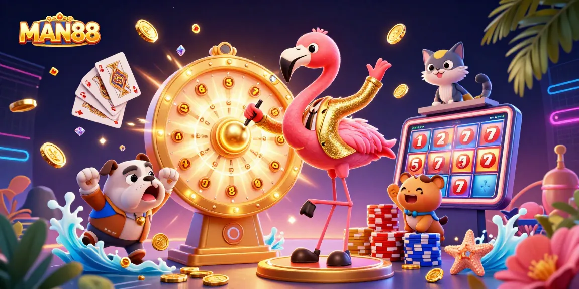 Engage with MAN88 in this vibrant casino scene featuring a game show host, bulldog contestant, and cat assistant.