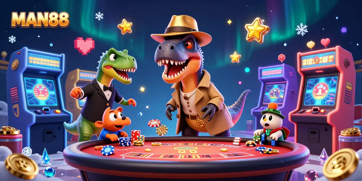 MAN88 velociraptor card counter and stegosaurus pit boss engage at a vibrant casino scene.
