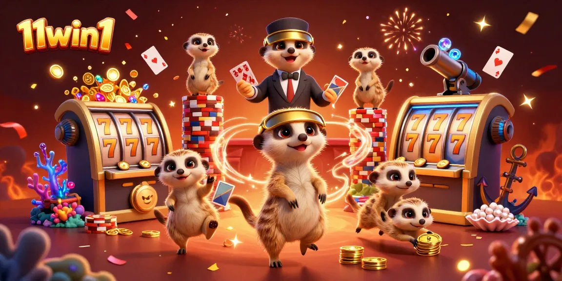 11win1 meerkats operate a lively casino, surrounded by slot reels and gold coins