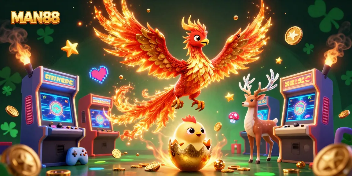 Experience thrilling gaming at MAN88 with a majestic phoenix and mystical stag in a vibrant 3D casino scene.