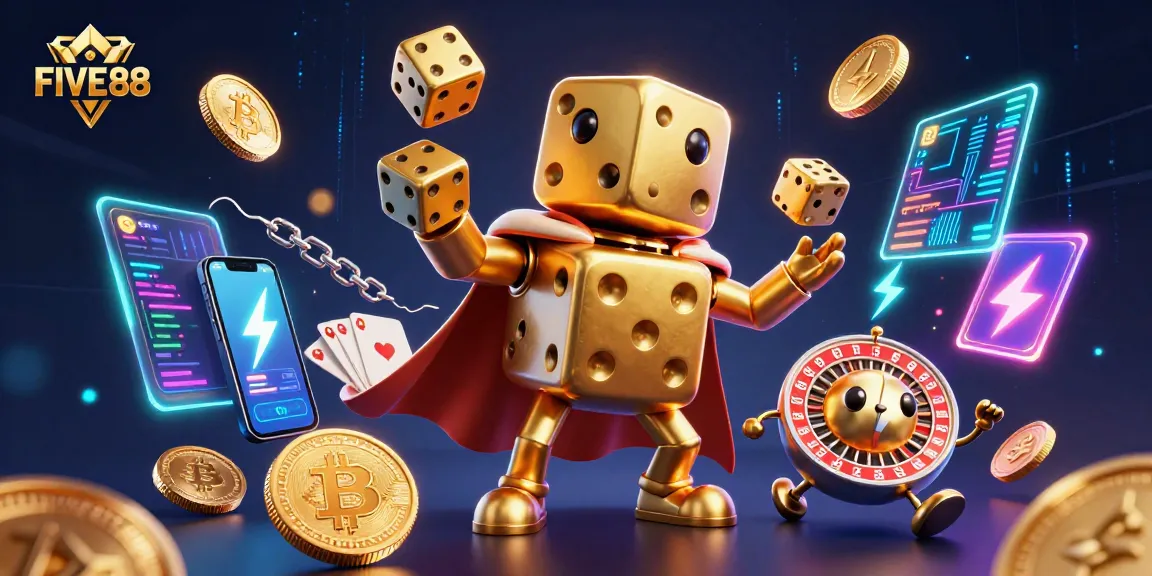 Engage with the vibrant FIVE 88 scene featuring golden dice and crypto elements enhancing your gaming experience.